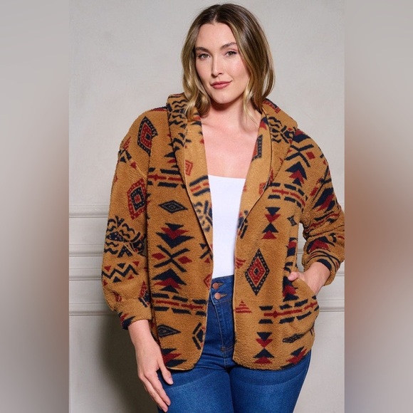 New In Womens Camel AZTEC TRIBAL PRINT HOODED OVERSIZE FLEECE Cardigan | NEW/NWT - Picture 1 of 11